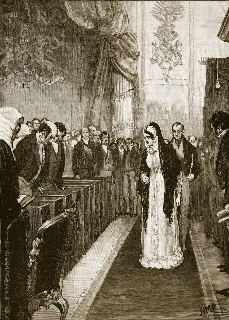 La reine Caroline entrant à la Chambre des Lords, illustration de Cassells Illustrated History of England - English School