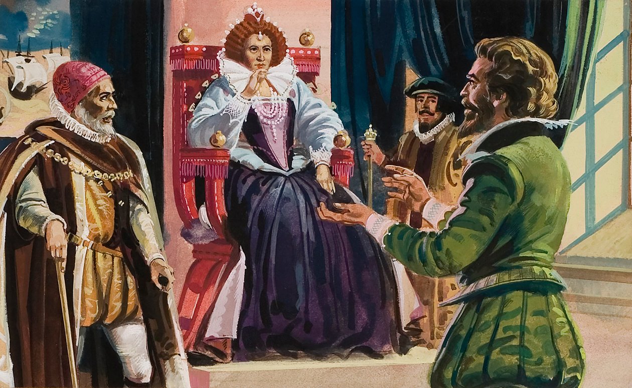 La reine Elizabeth I (1533-1603) et Sir Francis Drake (1540-96) (gouache sur papier) - English School
