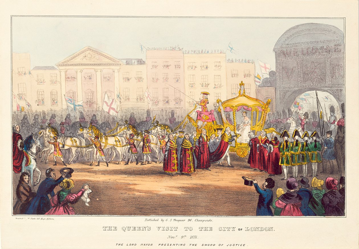 La reine Victoria entrant dans la ville de Londres à Temple Bar, gravé par G. Tregear, 1837 - English School