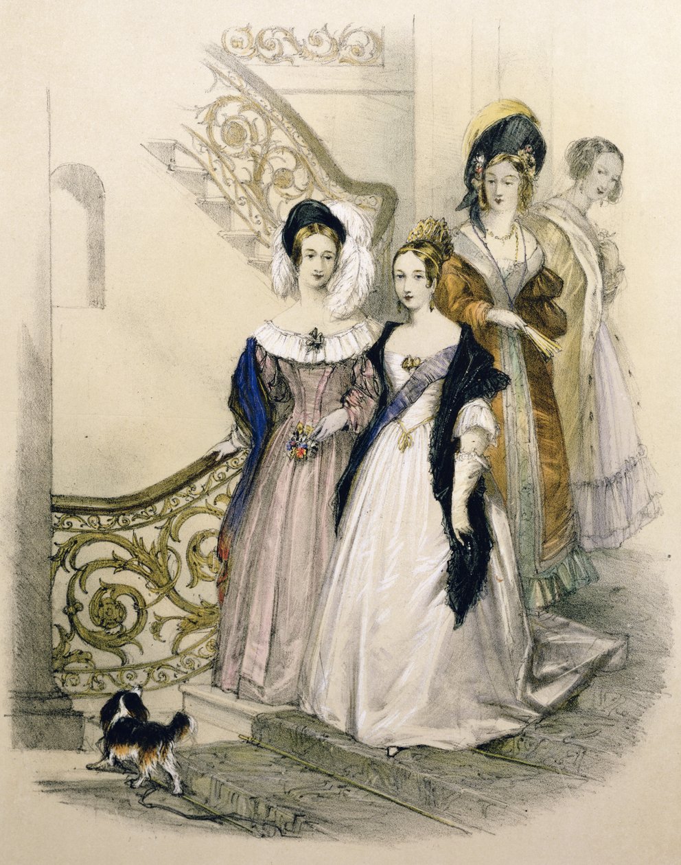 La reine Victoria dans un escalier avec des dames d