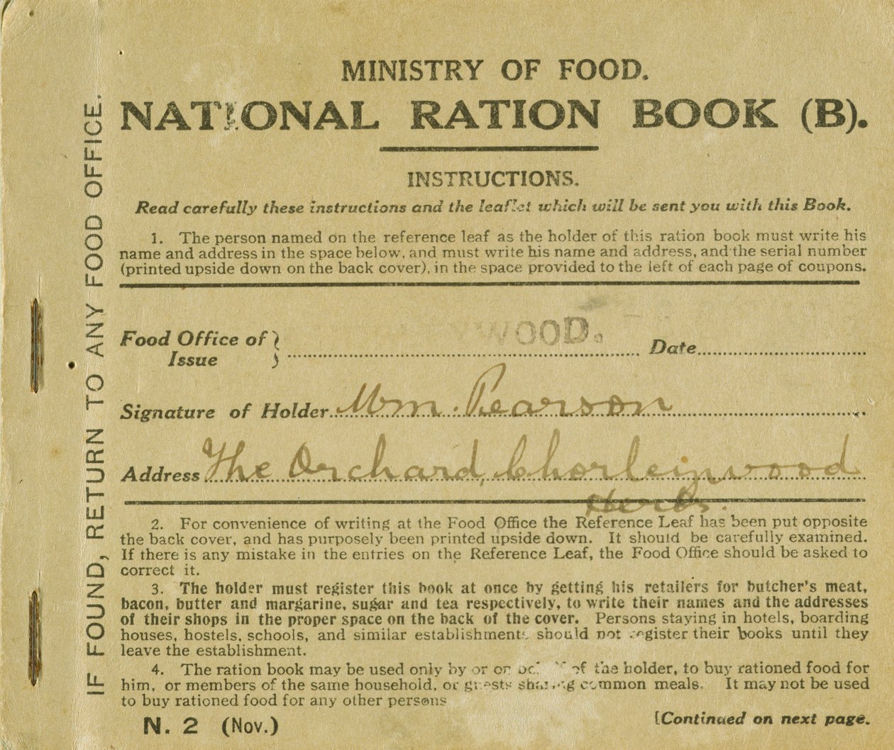 Livret de rationnement pour William Pearson, Chorleywood, Hertfordshire, 1919 - English School
