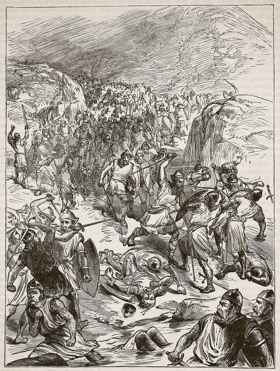 Repousse des Anglais à Corwen, illustration de Cassells Illustrated History of England - English School