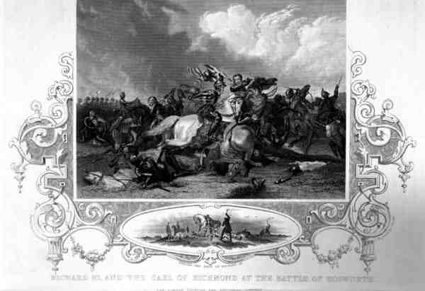 Richard III et le comte de Richmond à la bataille de Bosworth - English School