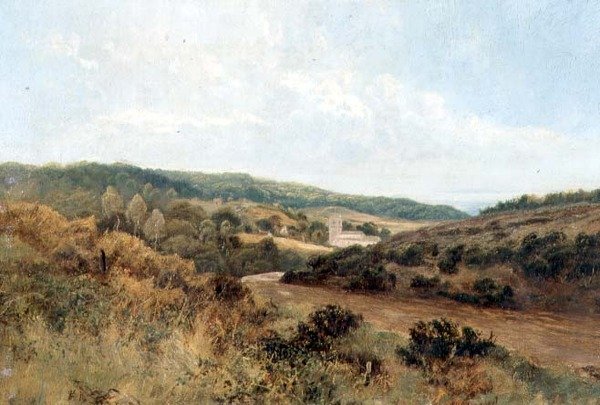 Paysage fluvial avec église au loin - English School