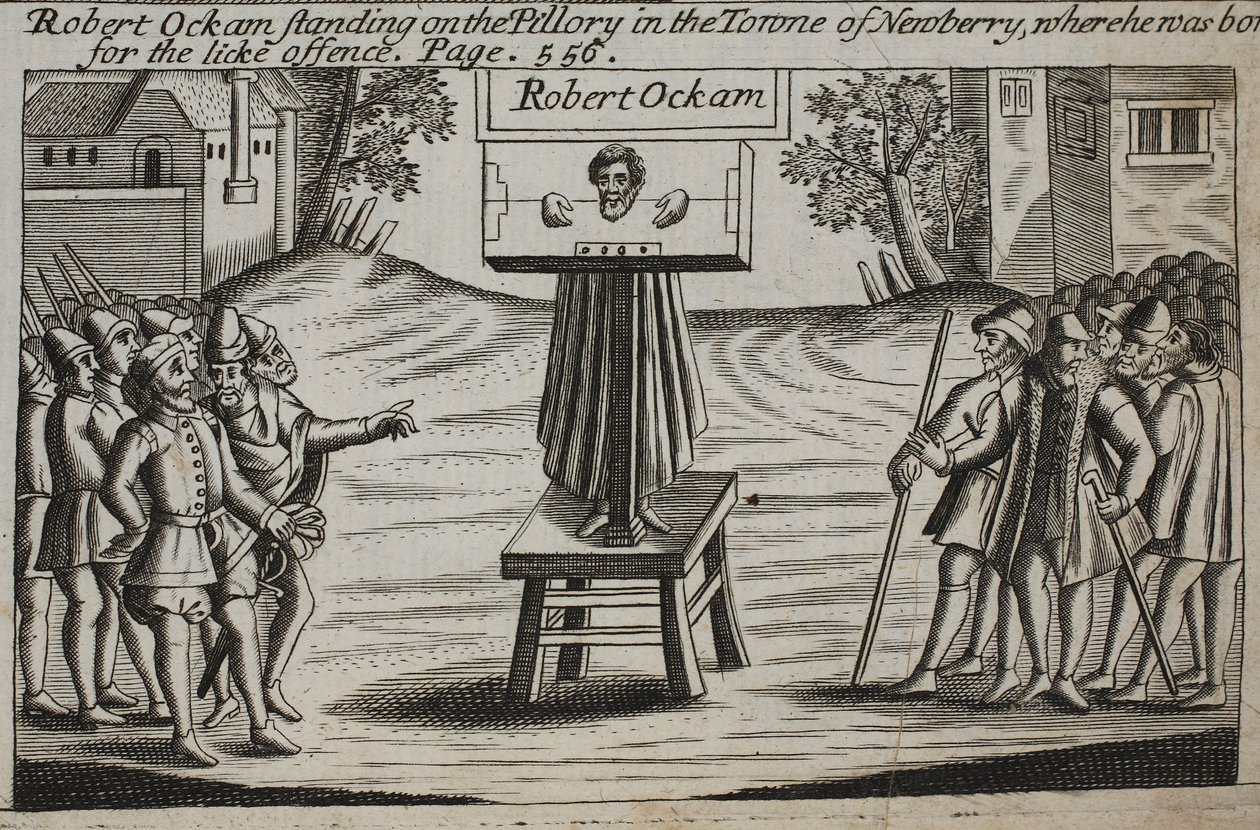 Robert Ockam sur le pilori dans la ville de Newberry, où il est né, illustration des Actes et Monuments de John Foxe, neuvième édition, pub. 1684 - English School