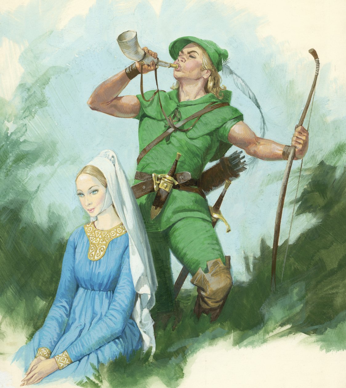 Robin des Bois soufflant dans une corne (gouache sur papier) - English School