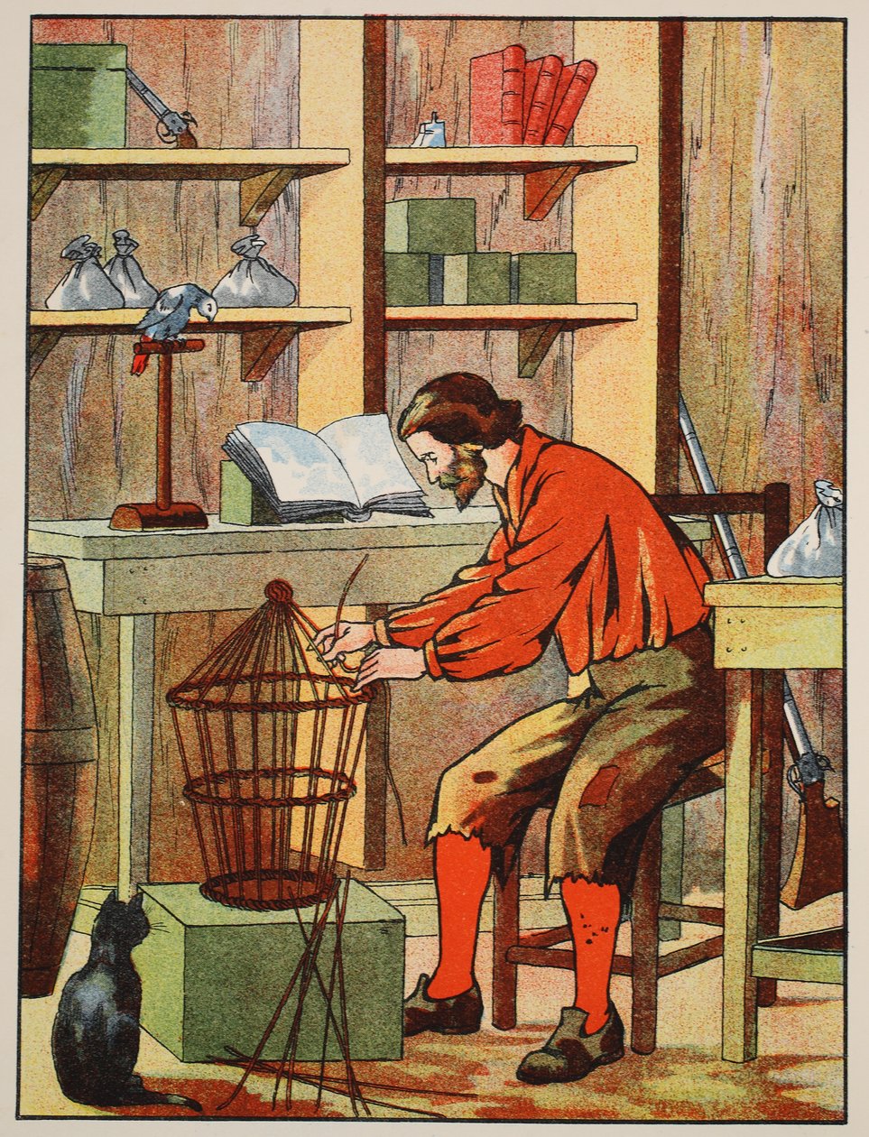 Robinson Crusoé fabriquant une cage pour son perroquet, illustration de L