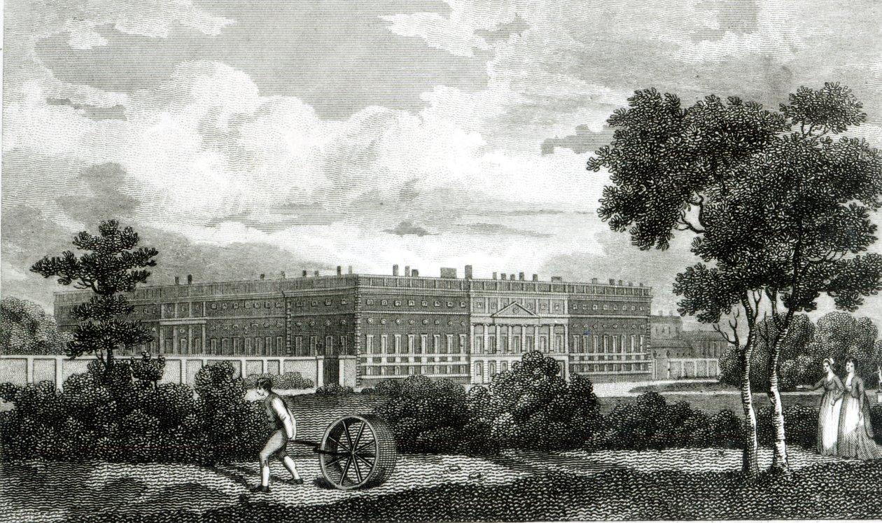 Rouler les pelouses au palais de Hampton Court, 7 mars 1807 - English School