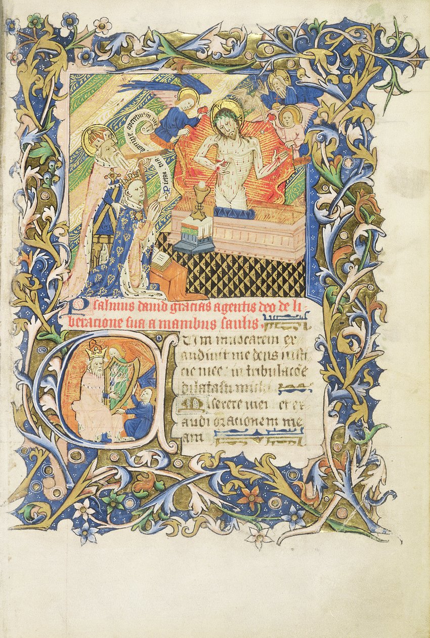 Figure couronnée soutenue par un saint à la barbe grise agenouillé devant une image de Pitié, du 