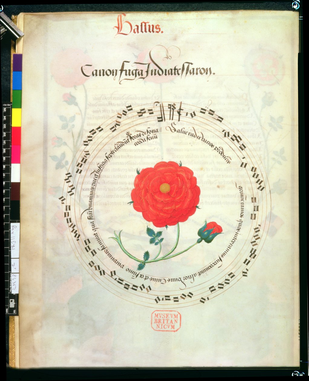 Canon, avec portées circulaires et rose au centre, des Motets de Richard Sampson - English School