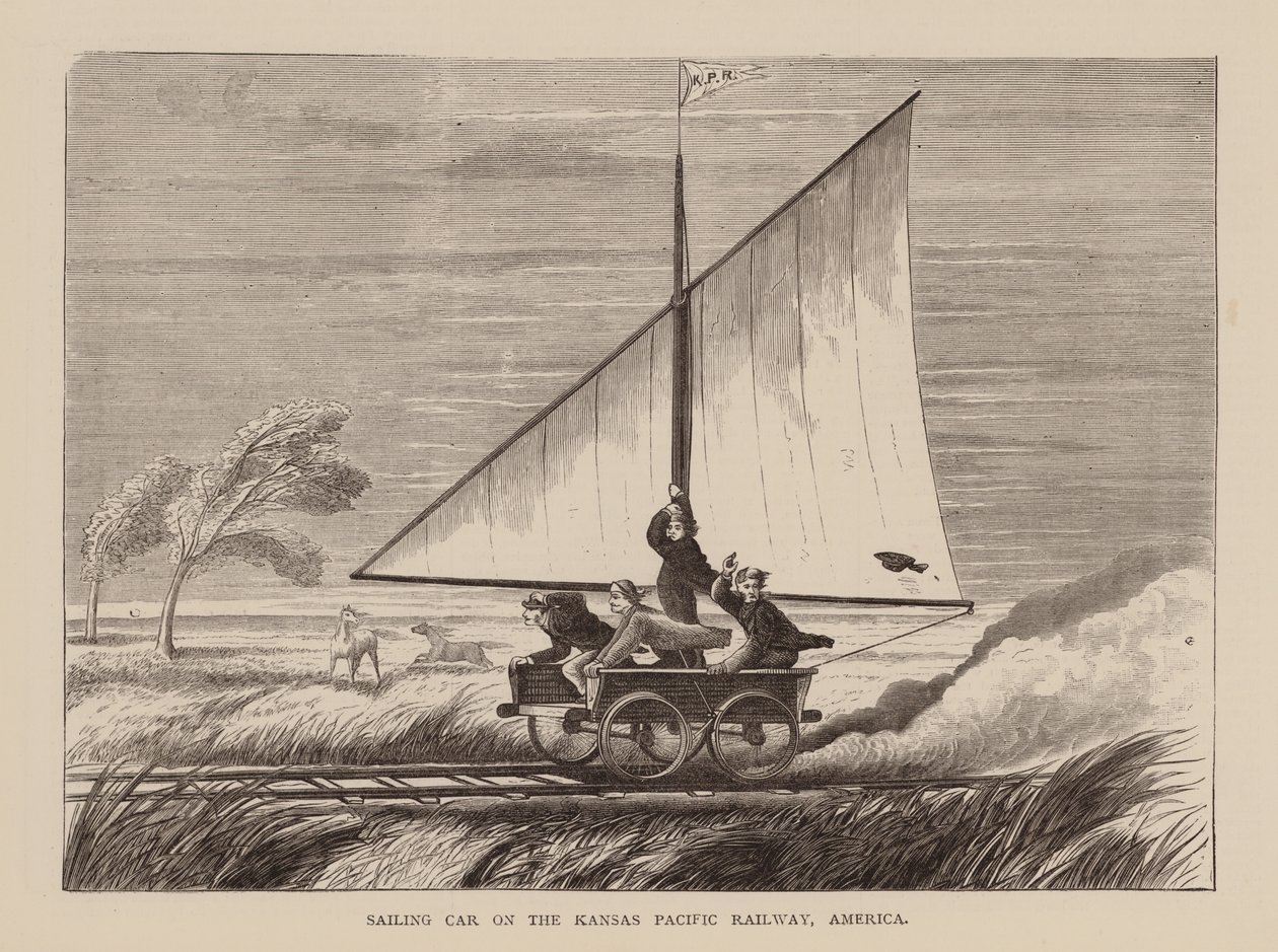 Voiture à voile du chemin de fer Kansas Pacific, Amérique (gravure) - English School