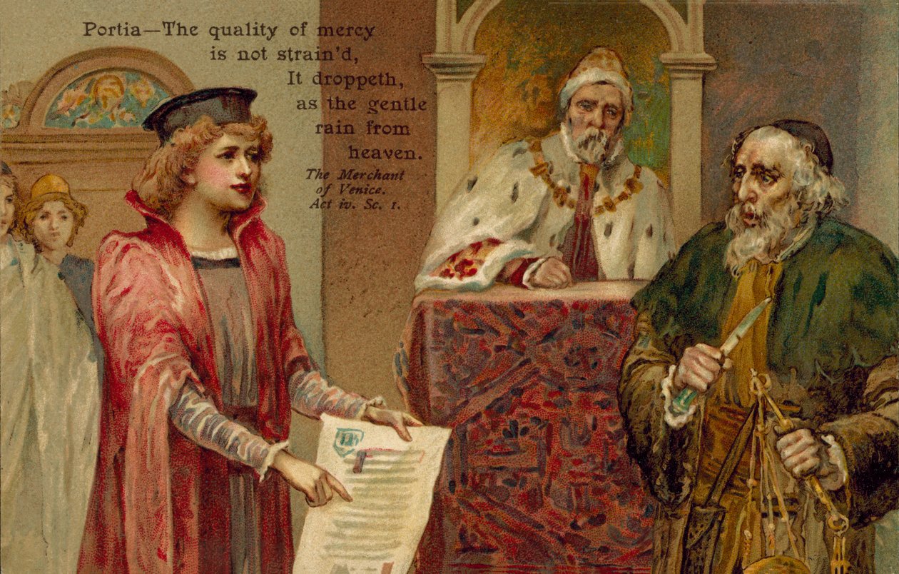 Scène du Marchand de Venise de William Shakespeare (lithographie couleur) - English School