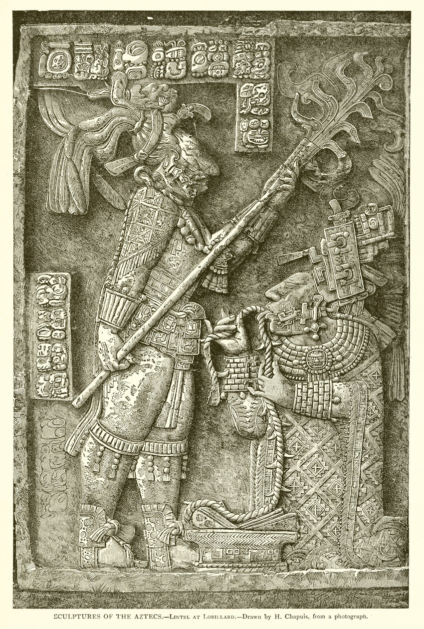 Sculptures des Aztèques - Linteau de Lorillard (gravure) - English School