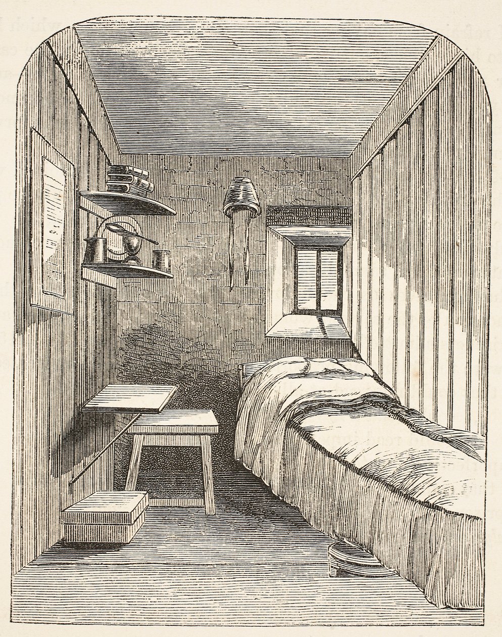 Cellule de couchage séparée dans une des nouvelles ailes de la prison pour femmes de Brixton, illustration de The Criminal Prisons of London and Scenes from Prison Life par Henry Mayhew et John Binny, pub - English School