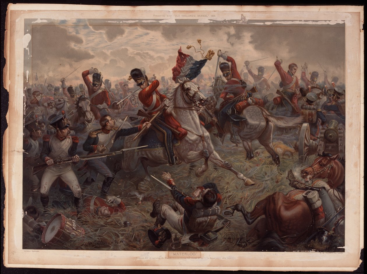 Le sergent Evert capturant les couleurs françaises lors de la charge des Scots Greys à la bataille de Waterloo, 18 juin 1815, vers 1908 - English School