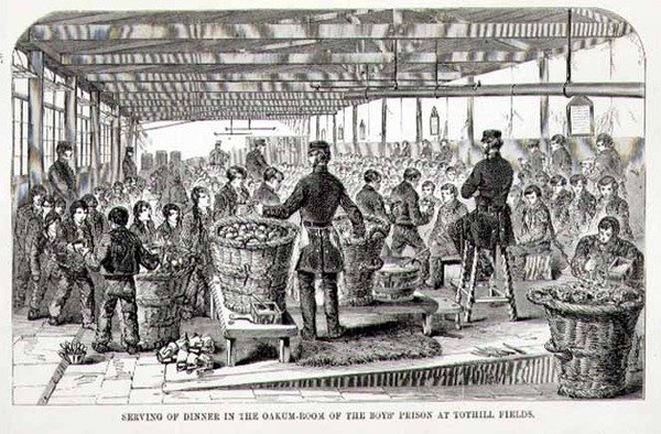 Service du dîner dans la salle de chêne de la prison des garçons à Tothill Fields, de 