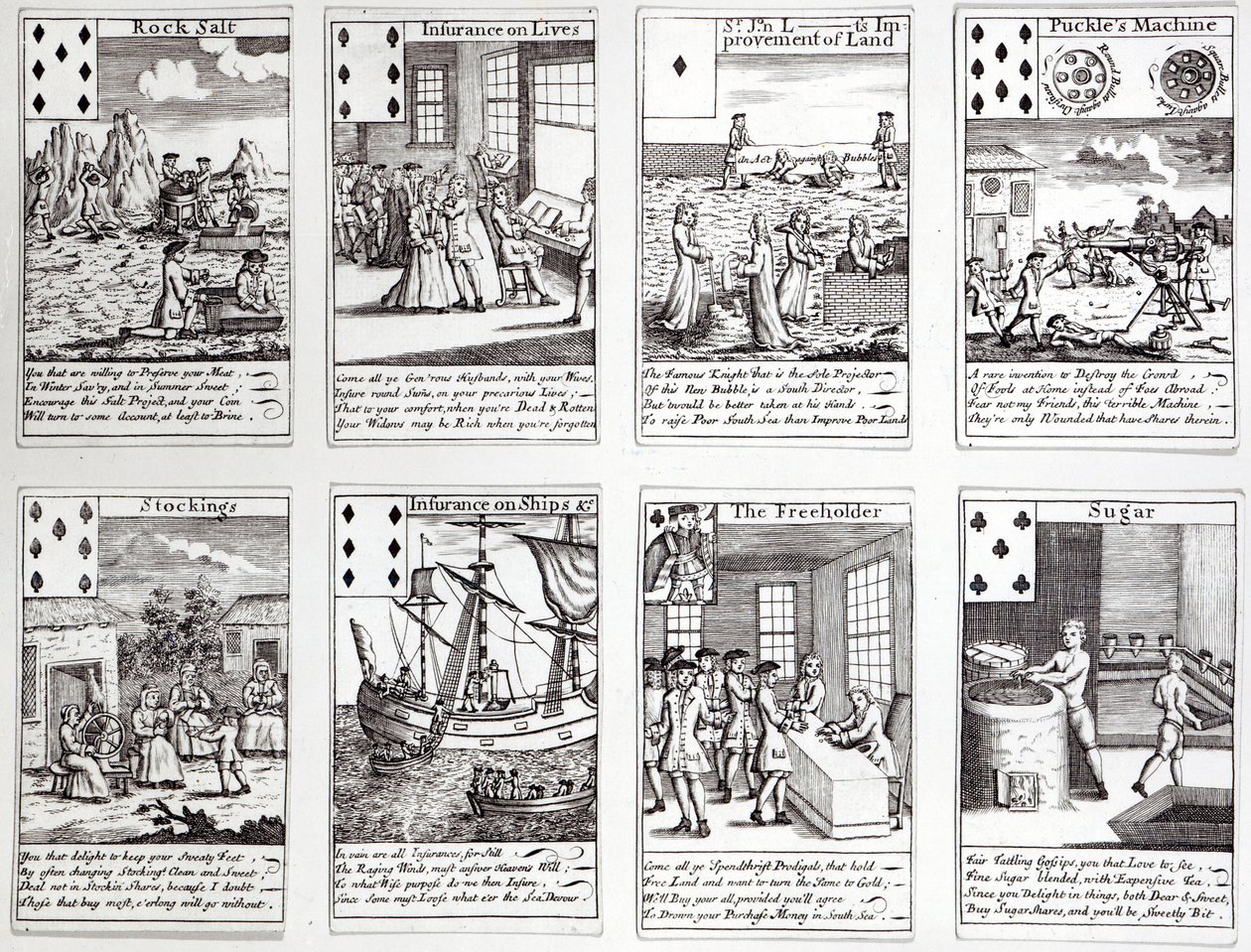 Jeu de cartes représentant des scènes satiriques des entreprises et investissements commerciaux actuels, vers 1720 - English School