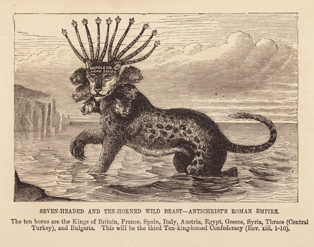 Bête sauvage à sept têtes et dix cornes (gravure) - English School
