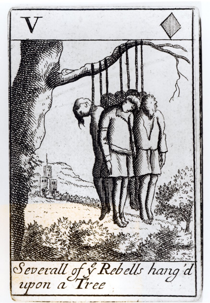 Plusieurs rebelles pendus à un arbre, carte à jouer cinq de cœur d