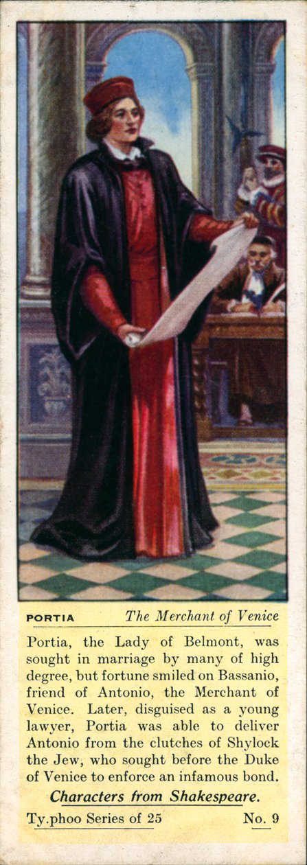 Personnages de Shakespeare : Portia, Le Marchand de Venise (lithographie couleur) - English School