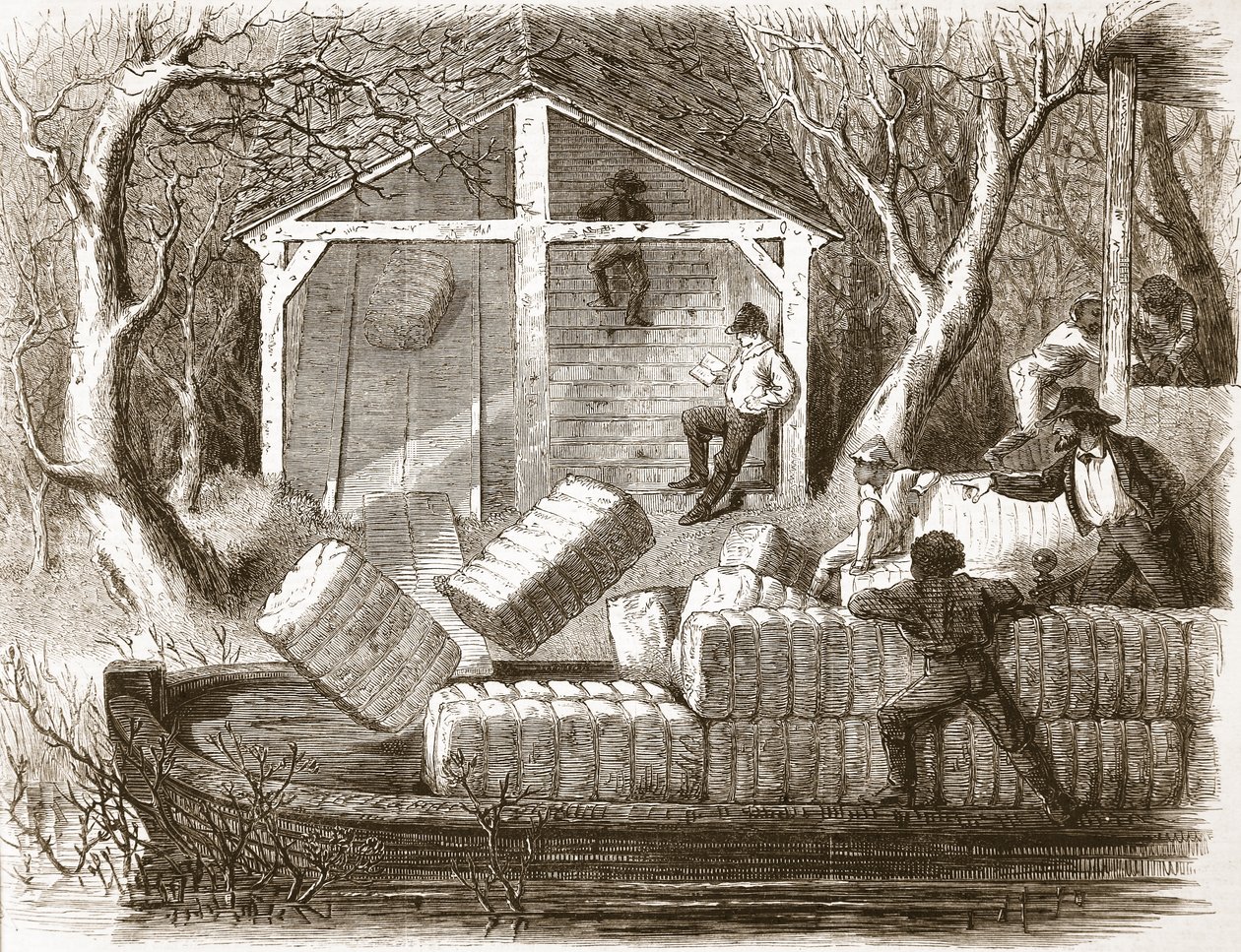 Tir de balles de coton dans la partie avant du bateau à vapeur Magnolia, illustration de The Illustrated London News, 1861 - English School