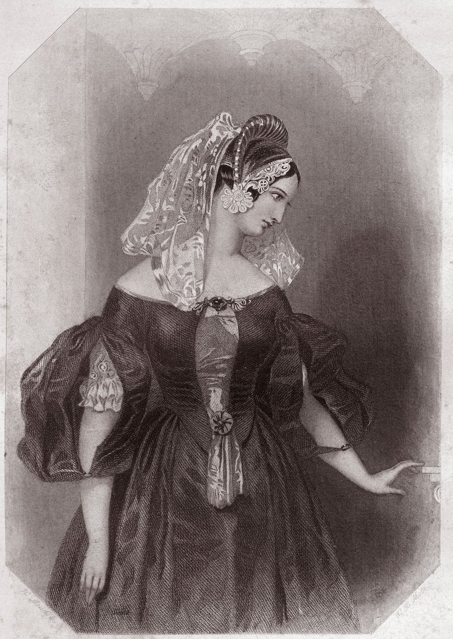 Silvia (Les Deux Gentilshommes de Vérone) dans - « Galerie des femmes de Shakespeare, collection de quarante-cinq portraits sérieux par les premiers artistes de Londres, enrichie de notices critiques et littéraires » vers 1838 - de « Galerie des femmes de  - English School