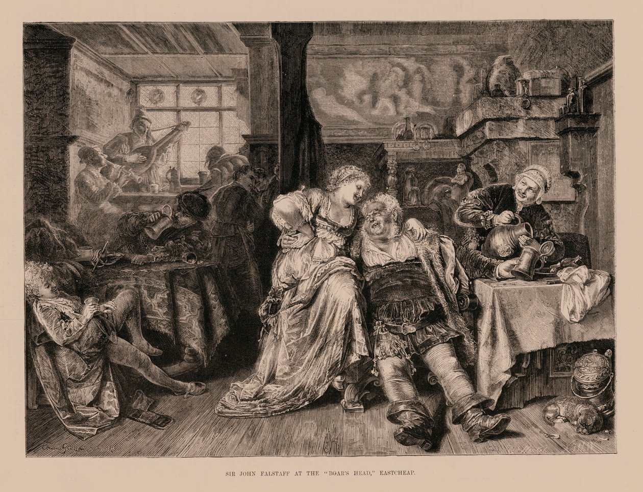 Sir John Falstaff à la "Tête de Sanglier", Eastcheap (gravure) - English School