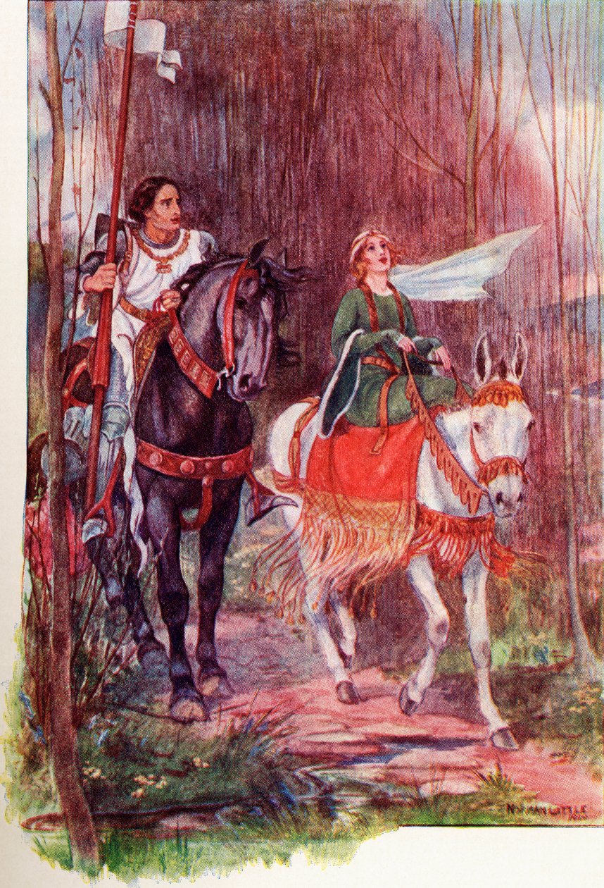 Sir Lancelot et la reine Guenièvre. Illustration en couleur du livre The Gateway to Tennyson publié en 1910. - English School