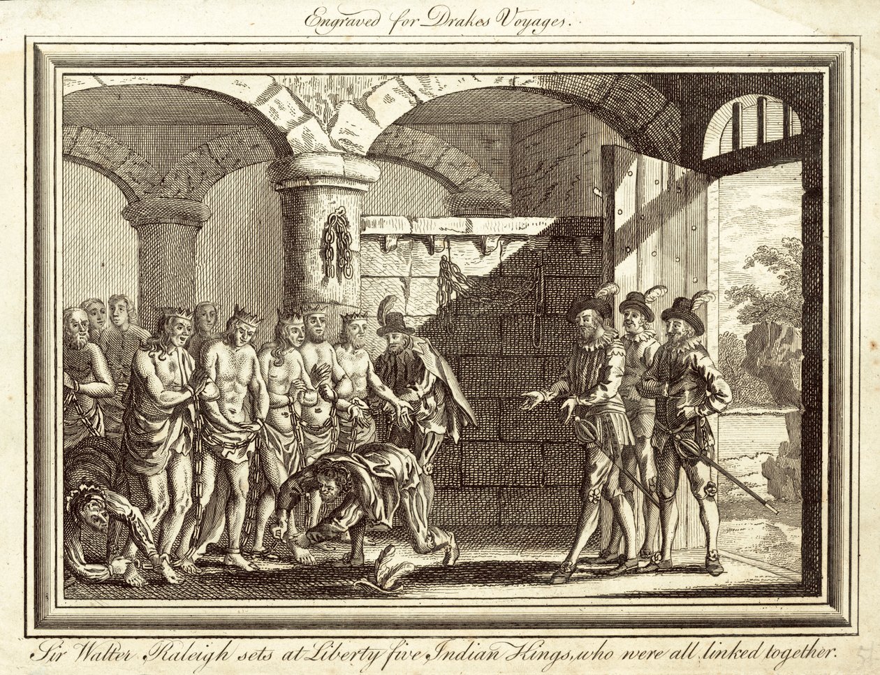 Sir Walter Raleigh libère cinq rois indiens, qui étaient tous liés entre eux (gravure) - English School