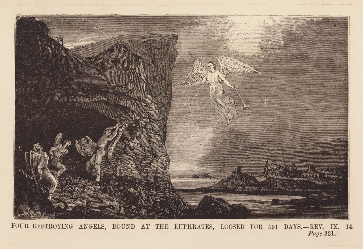Sixième ange libérant les quatre anges liés par le fleuve Euphrate (gravure) - English School