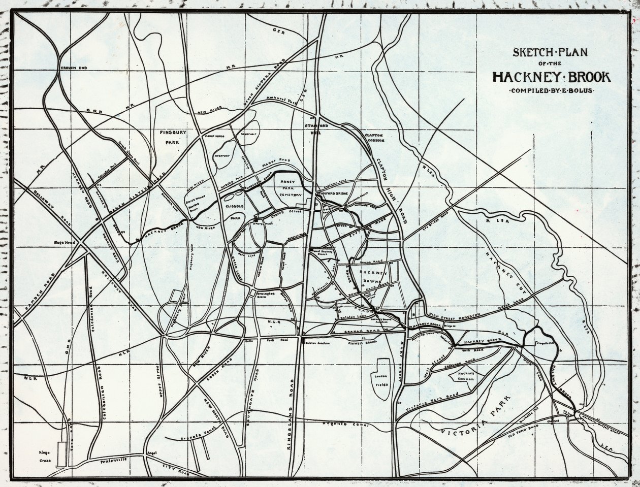 Plan schématique du Hackney Brook, compilé par E. Bolus - English School