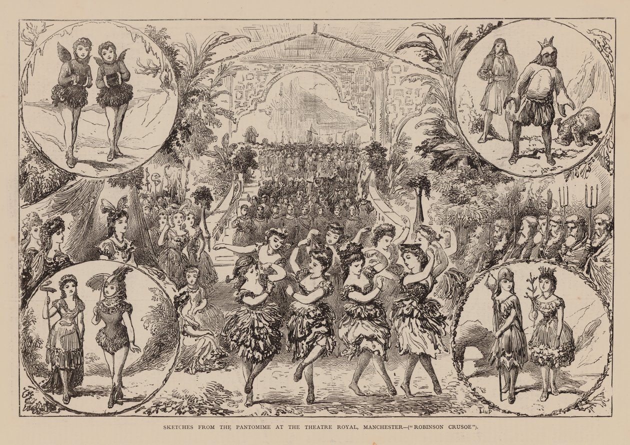 Sketches from the Pantomime at the Theatre Royal, Manchester, Robinson Crusoé (gravure) - English School