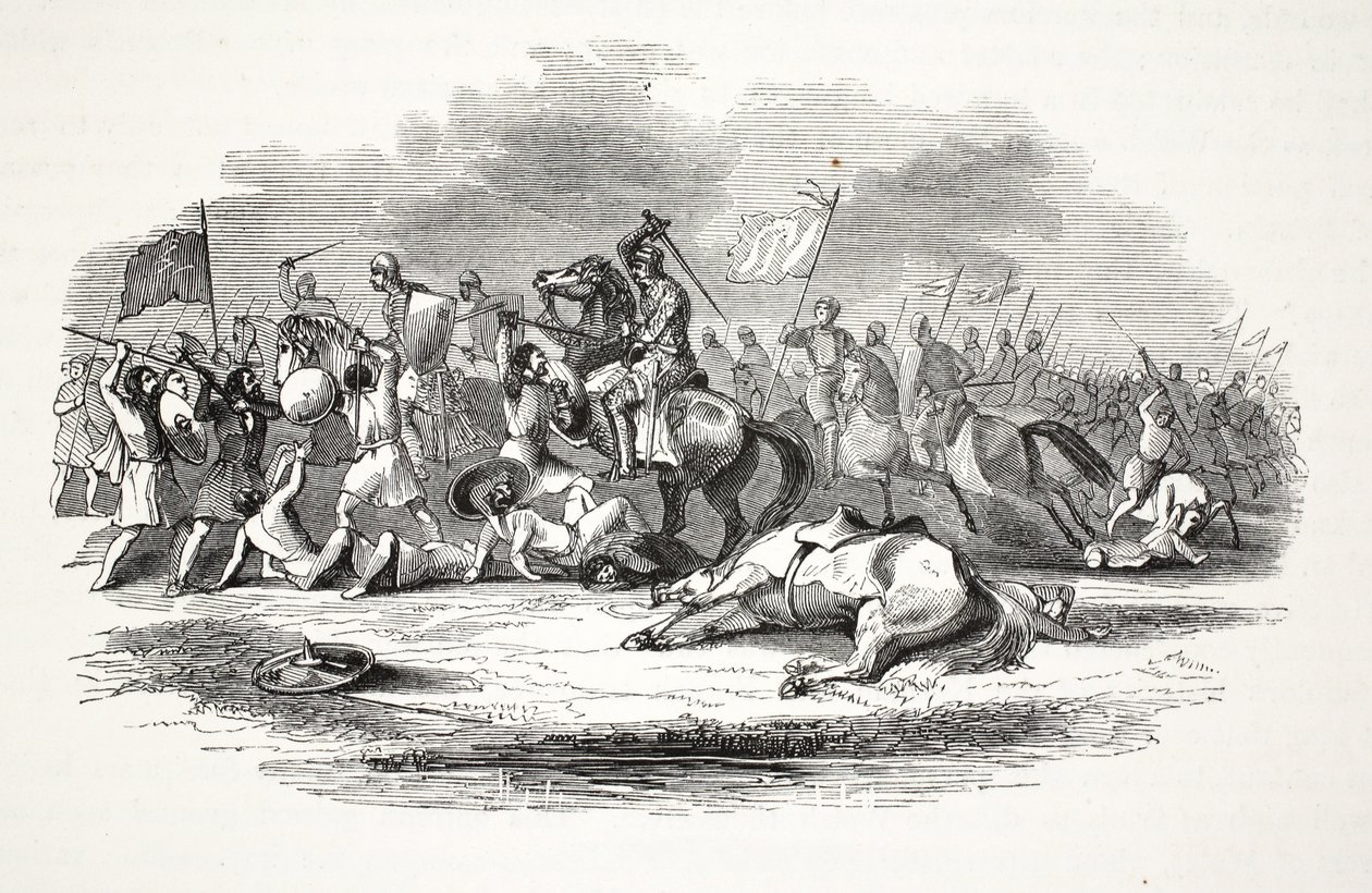 Escarmouche à proximité du château de Chirck, publié au 19ème siècle (gravure sur acier) - English School