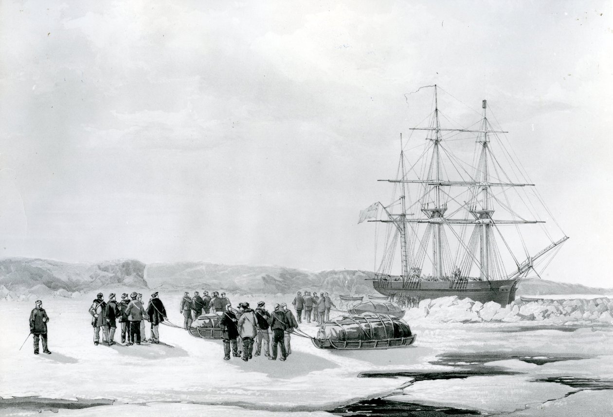 Expédition en traîneau quittant le HMS Investigator dans la baie de Mercy, sous le commandement du lieutenant Gurney Creswell (lithographie) - English School