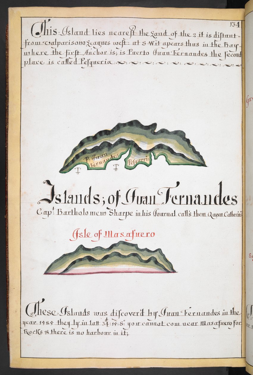 Carte de Juan Fernández dans le South Sea Waggoner de William Hack - English School