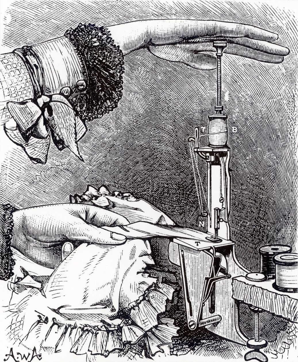 Petite machine à coudre à point noué, huit pouces de long, pesant 8 onces, de Cassells Family Magazine, publié en 1886 - English School
