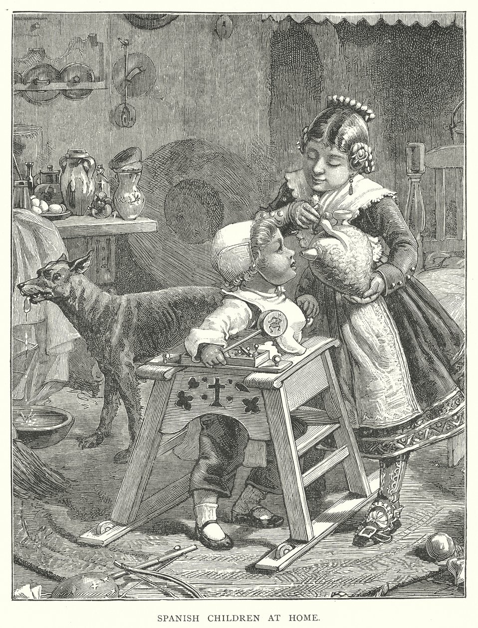 Enfants espagnols à la maison (gravure) - English School