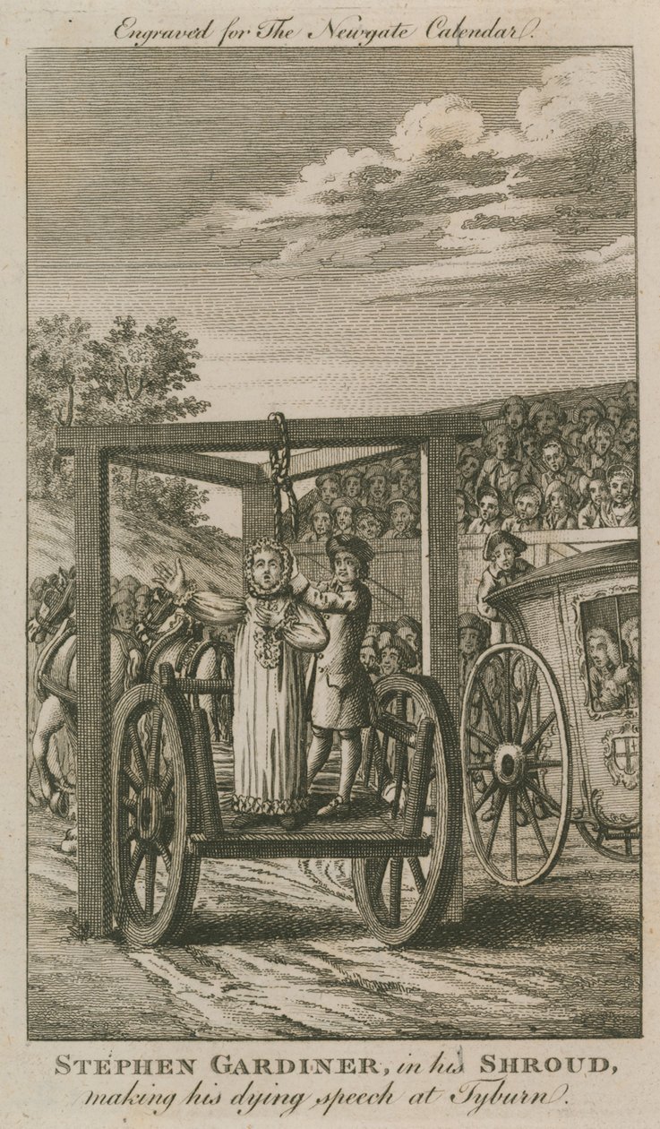 Stephen Gardiner dans son linceul prononçant son dernier discours à Tyburn (gravure) - English School