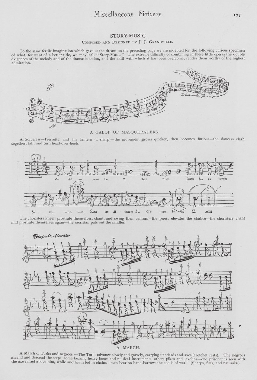 Histoires racontées en partition représentant des notes comme des personnes (gravure) - English School