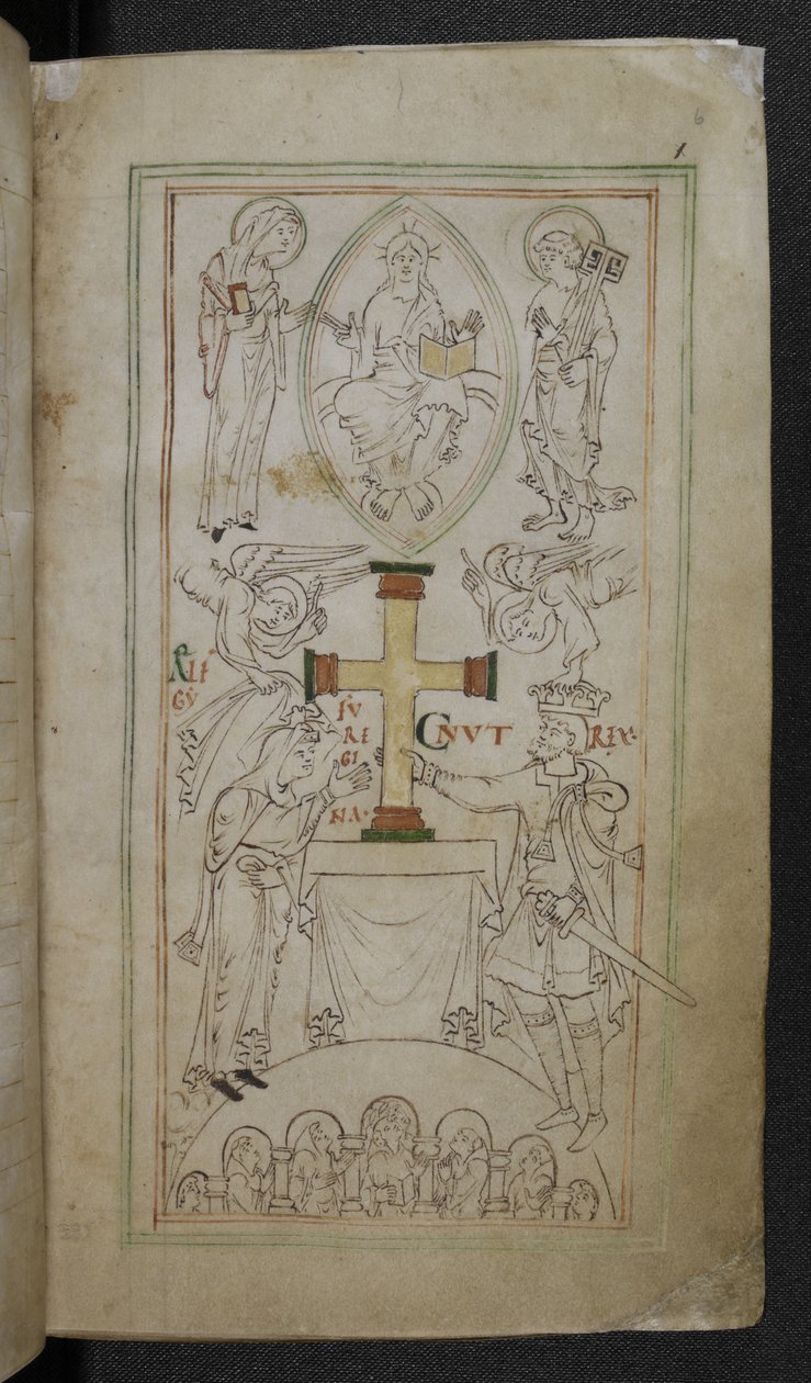Le roi Cnut et sa reine, Aelfgyfu, présentant une croix sur l