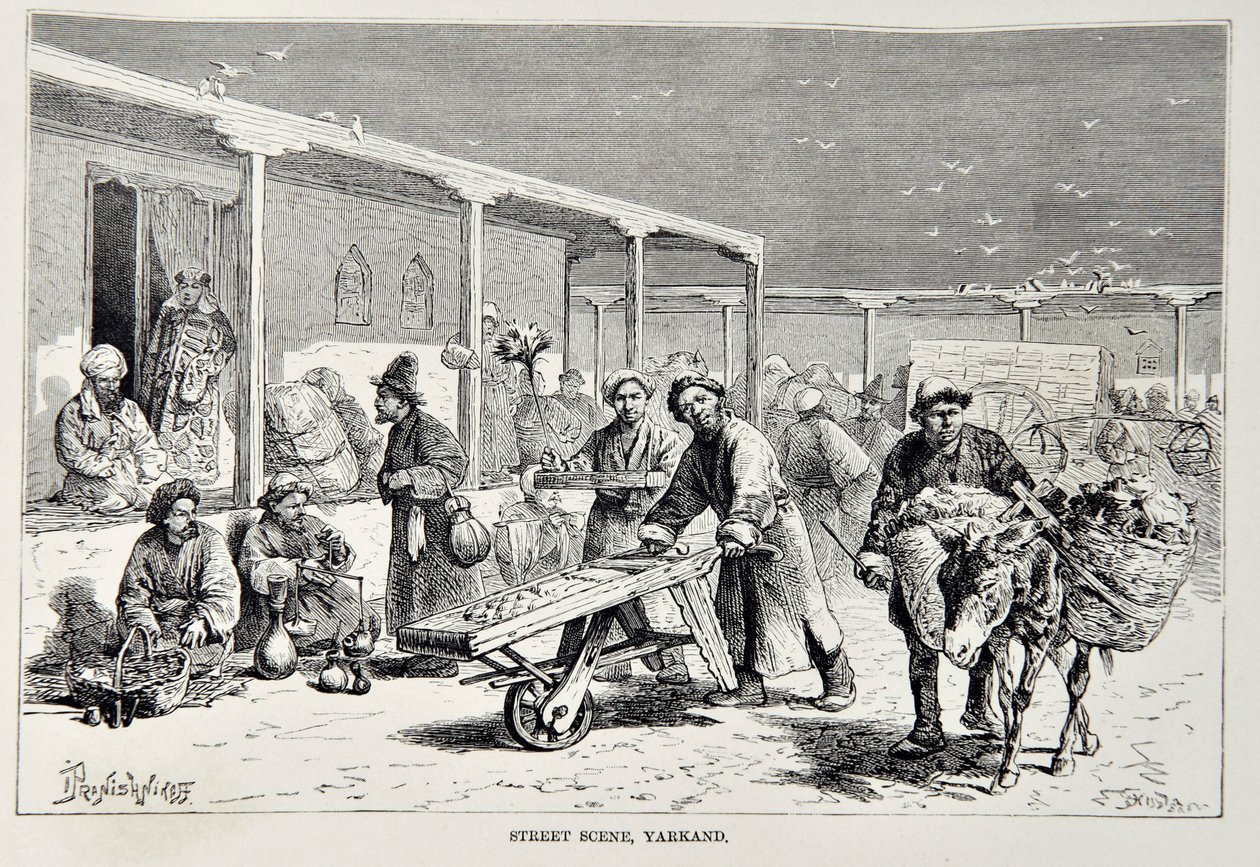 Scène de rue, Yarkand, illustration de La Géographie Universelle, la Terre et ses habitants par Elisée Reclus, publiée en 1878 - English School