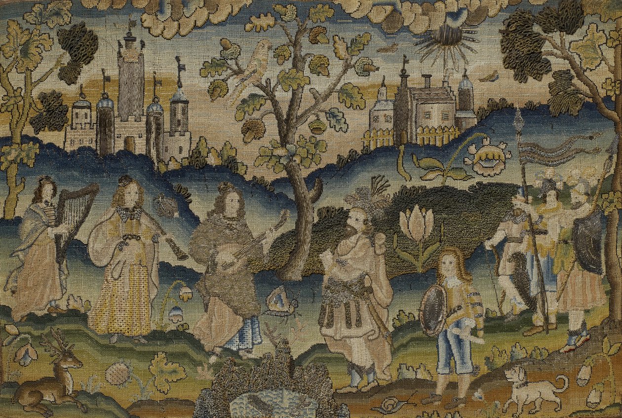 Broderie en relief avec scène de cinq musiciens dans un jardin avec arbre, milieu du XVIIe siècle - English School