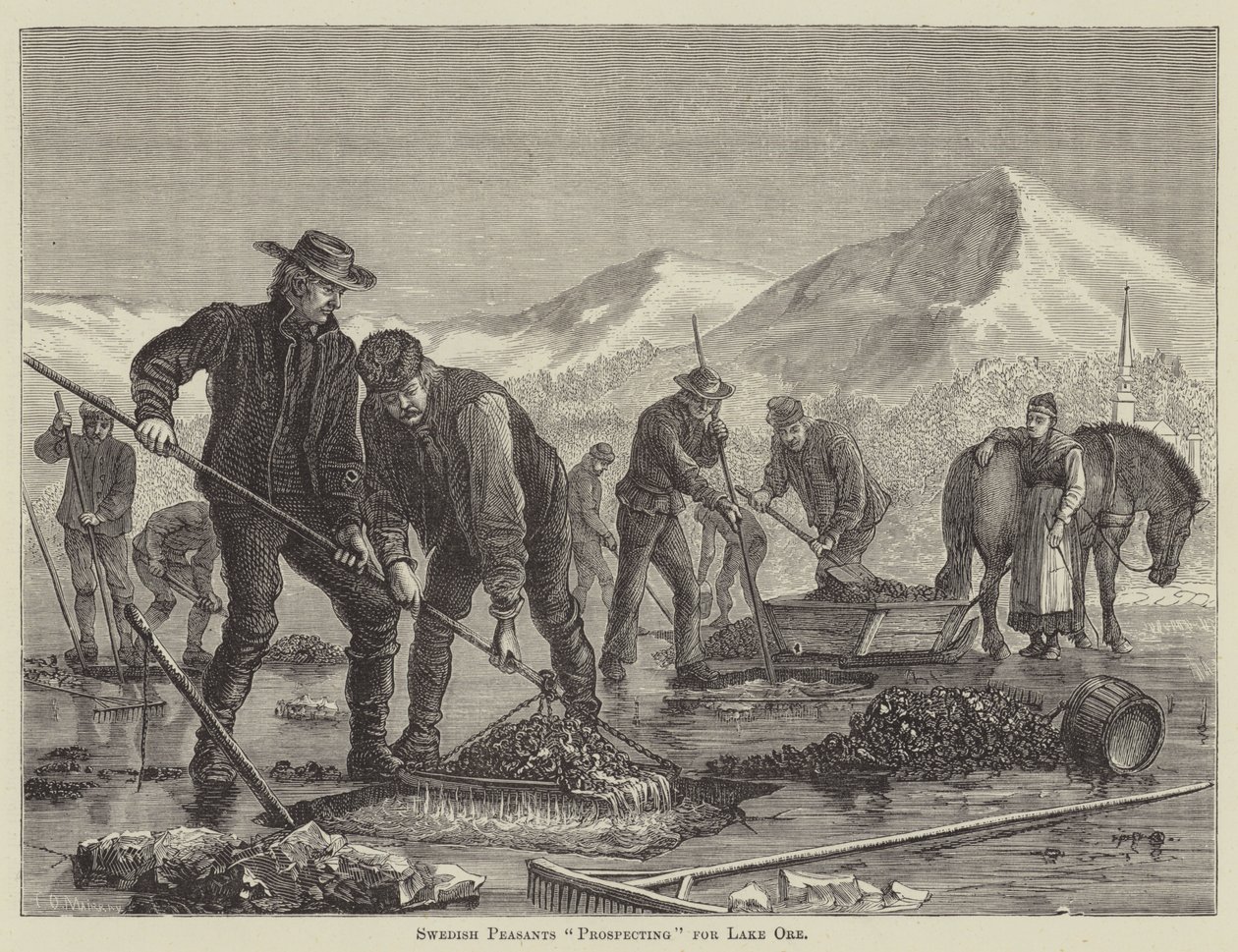 Paysans suédois "prospectant" le minerai du lac (gravure) - English School