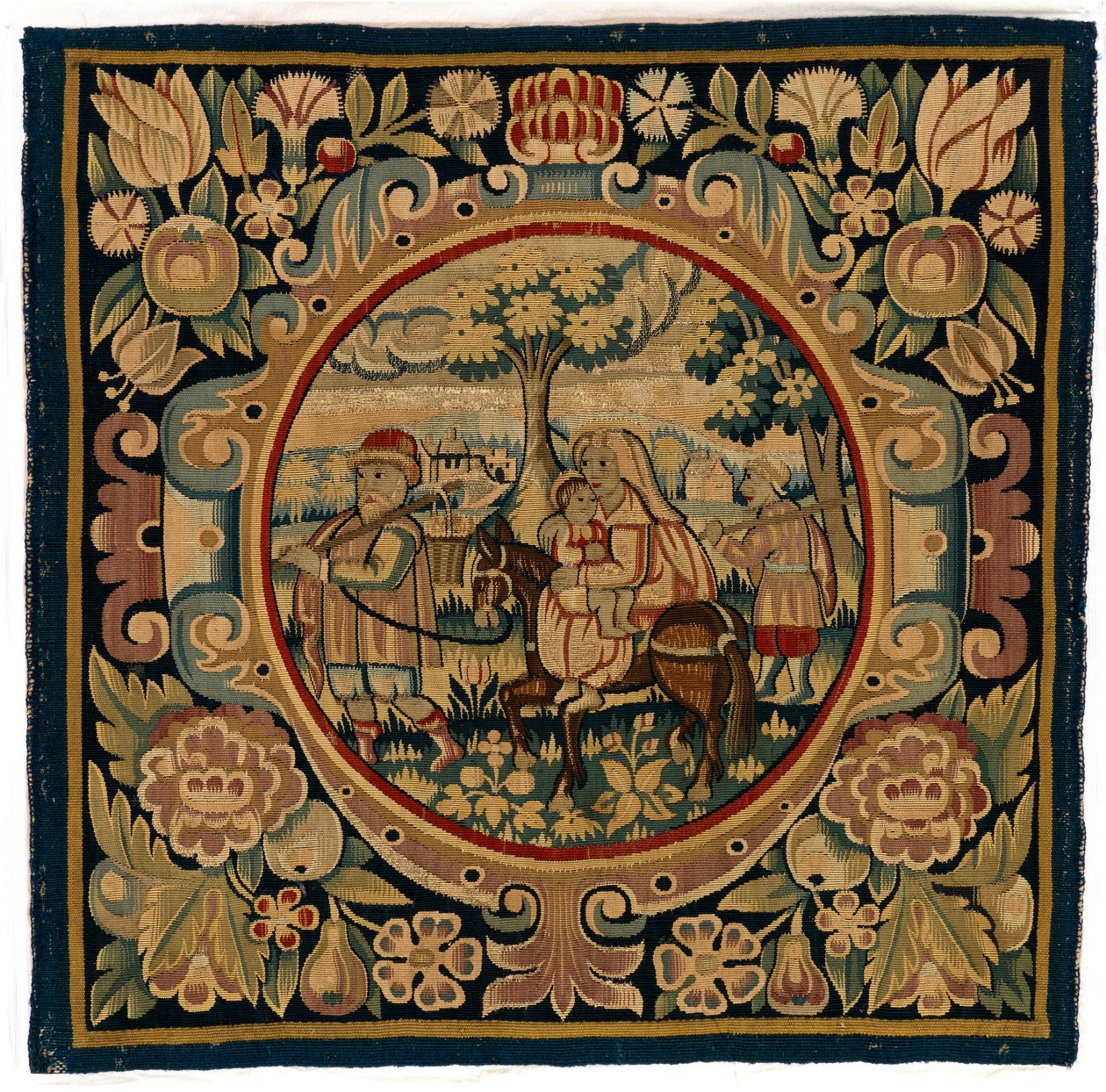 Housse de coussin en tapisserie représentant la Fuite en Égypte - English School
