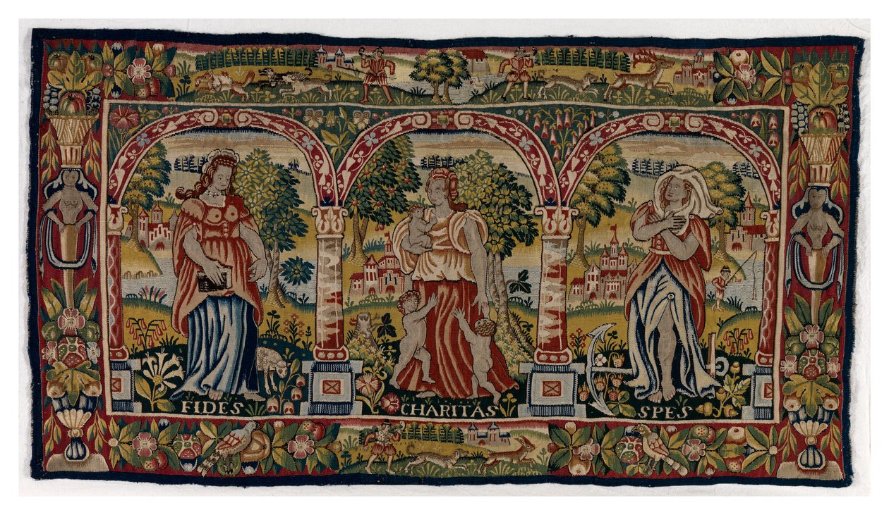 Long coussin de tapisserie représentant Foi, Espérance et Charité, fabriqué à Sheldon, Angleterre, fin du 16ème siècle - English School