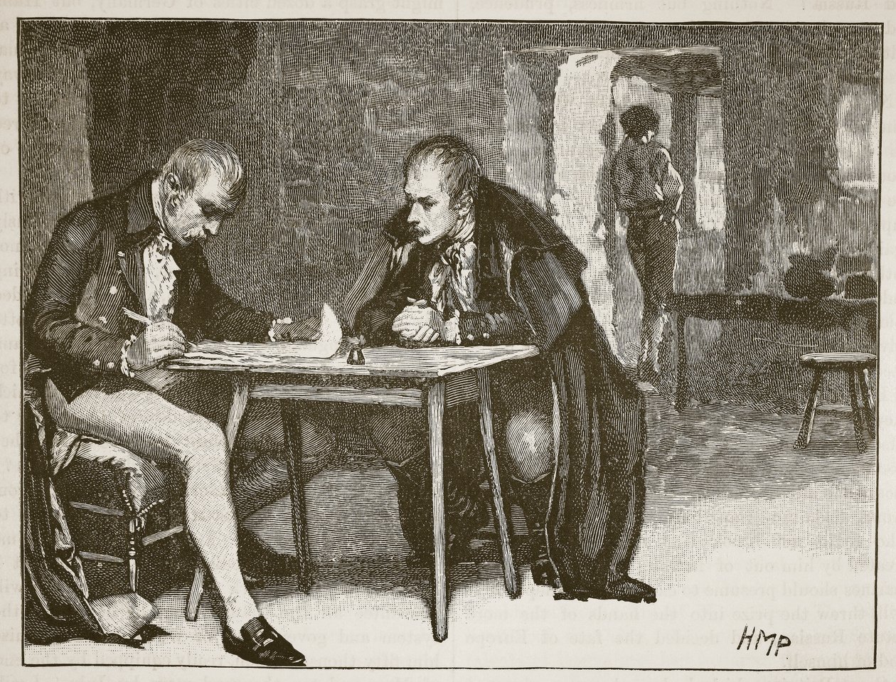 Les agents de la Grande-Bretagne et de la Suède signant le traité contre Napoléon (illustration de Cassells Illustrated History of England) - English School