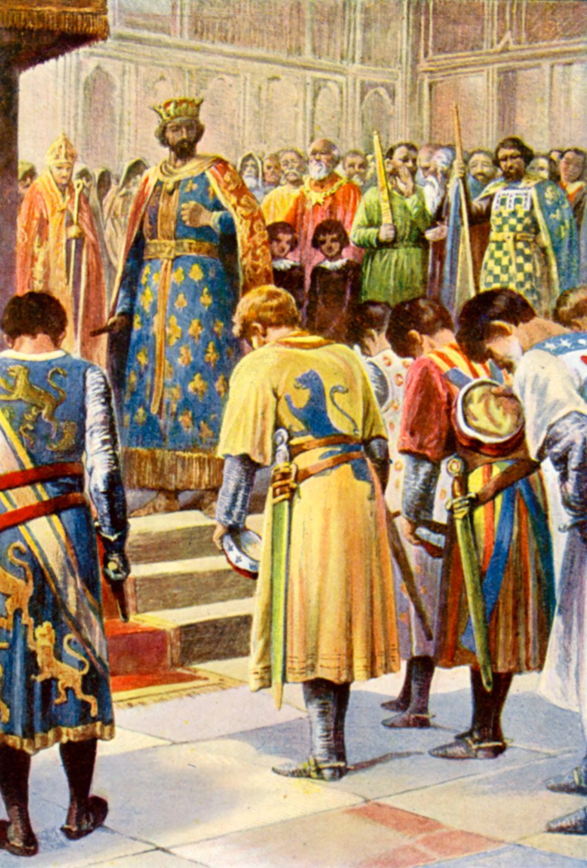 Les barons demandent à Henri III de convoquer un Parlement (lithographie couleur) - English School