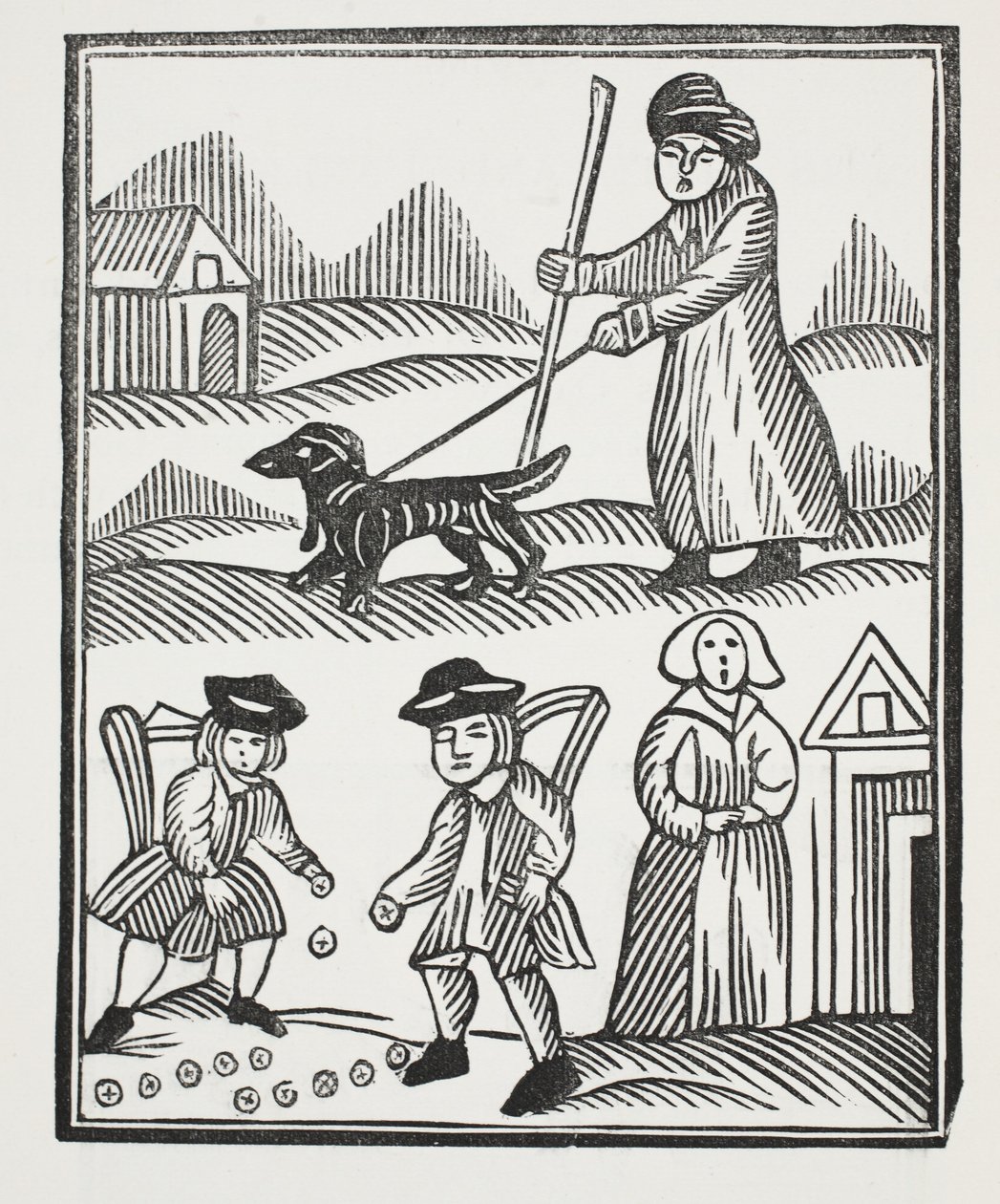 Le mendiant voyageant avec son chien, ramène une grande richesse à la maison, avec laquelle il surpasse le chevalier, et marie son enfant à son grand plaisir, illustration de Chap-books du XVIIIe siècle par John Ashton, pub. 1882 - English School
