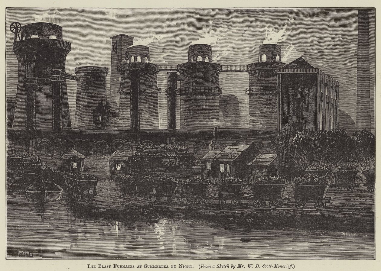 Les hauts fourneaux de Summerlea la nuit (gravure) - English School