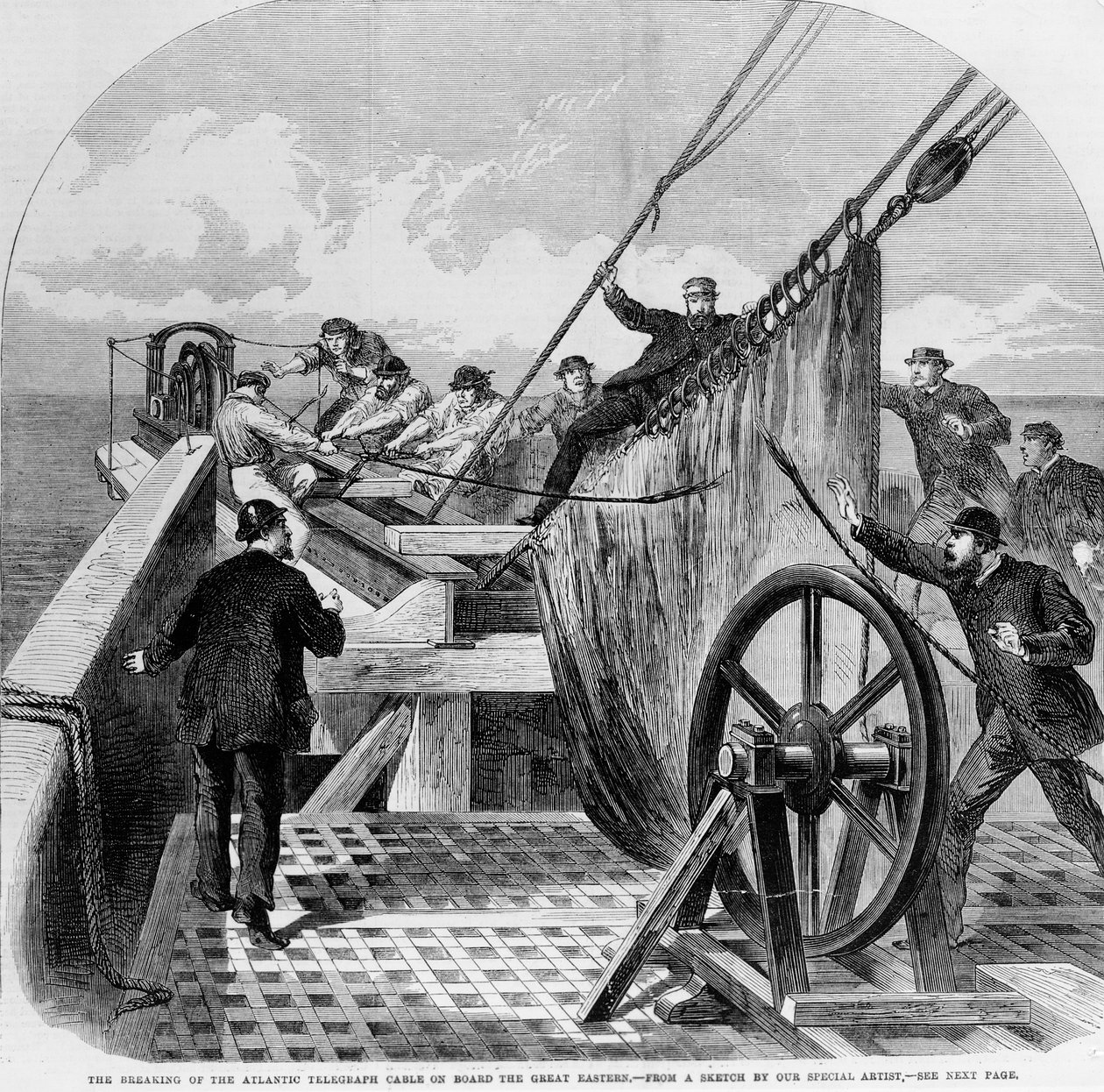 La rupture du câble télégraphique atlantique à bord du Great Eastern, 1865 (gravure) - English School